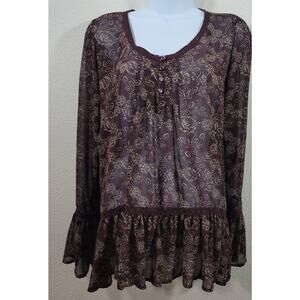 Charming Charlie Brown Floral Peplum Sheer Top Medium Lightweight Pleated Front